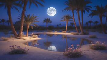 Palm Trees Oasis Reflecting Full Moon on Tranquil Desert Night photo