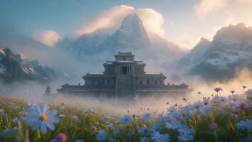 Temple Amidst Misty Mountains and Field of Flowers Landscape photo