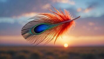 Floating Peacock Feather Against a Sunset Sky Over an Open Field photo