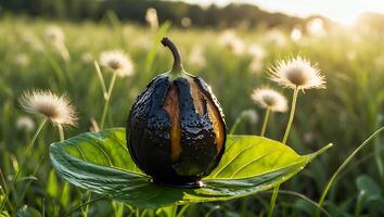 Wet Exotic Fruit on Leaf in a Sunny Meadow Landscape photo