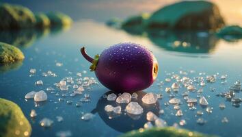 Wet Purple Fruit Surrounded by Ice Crystals with Water Reflection photo