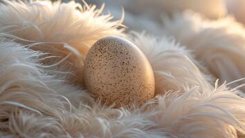 Speckled Egg Resting on Soft White Feathers Creates a Gentle Scene photo