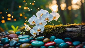 White Orchid Blossom on Mossy Log with Colorful Pebble Background photo