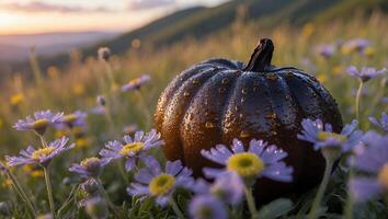 Dark Pumpkin on Flower Meadow During Sunset with Gentle Hues photo
