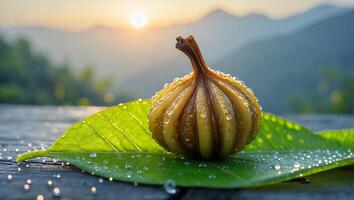 Fig with Dew on Leaf Against a Mountain Sunrise Scenery photo