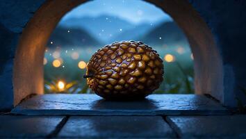 Unusual Textured Fruit Resting in a Stone Niche with Sparkles photo