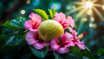 Hibiscus Flowers and Green Fruit Arrangement with Bokeh Lighting Effect photo