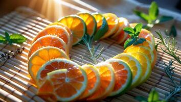 Arrangement of Citrus Fruit Slices with Mint and Rosemary on Bamboo photo