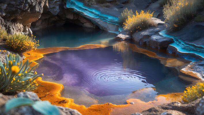 Calm Rippling Pool Reflecting Purple Hues Surrounded by Rocks and Plants