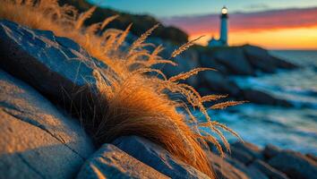 Coastal Grass on Rocks with Lighthouse Silhouette Against Colorful Sunset photo