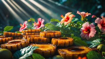 Stack of Pineapple Desserts with Hibiscus Flowers in a Garden Setting photo