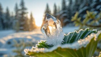 Crystal Point with Frost on Leaf at Sunrise in Snowy Forest photo