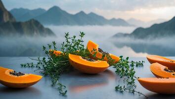 Serving Fresh Papaya Fruit Slices with Thyme and Misty Mountains photo