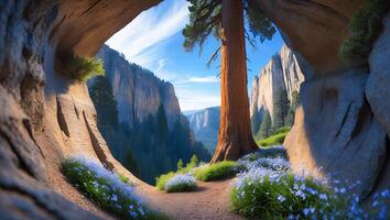 Giant Tree in Valley Viewed From Cave with Wildflowers photo