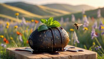 Avocado with Dark Drizzle and Basil on Wooden Board in Meadow photo