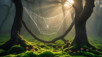 Spiderweb Suspended Between Trees in Mystical Forest with Mossy Ground photo