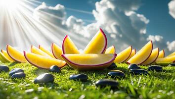Arrangement of Yellow Fruit Slices with Stones on Green Grass photo