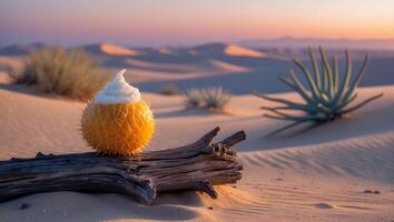 Desert Landscape Featuring Spiky Fruit with Cream on Weathered Wood photo