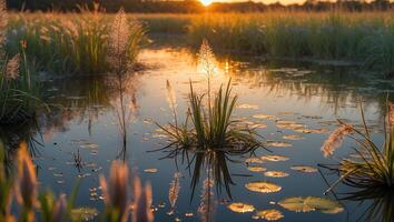 Pond with Aquatic Plants Reflected in Water at Glowing Sunset photo