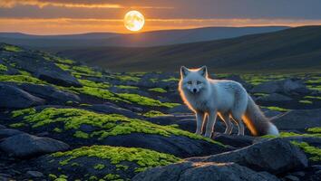 Fox Standing on Rocky Landscape During Sunset with Full Moon photo