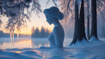 Woman Immersed in Winter Lake at Sunset with Snow Covered Trees photo
