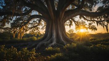 Majestic Tree Roots Landscape at Sunset with Warm Sunlight photo