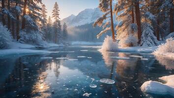 Scenic Winter Lake with Snow-covered Trees and Mountain Backdrop photo