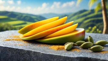Slices of Mango with Cardamom Pods and Scenic Mountain View photo