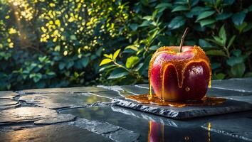 Caramel Apple Dripping Deliciously on Stone Plate in Outdoor Setting photo