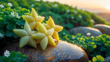 Arranging Yellow Star Fruits on a Stone with Greenery Scenery photo