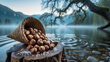 Cornucopia Spilling Nuts on Wood by Serene Lake with Mountains photo