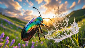 Iridescent Beetle Resting on Skeletal Leaf in a Sunny Meadow photo