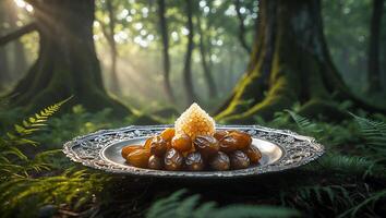 Dates and Honeycomb on Silver Plate in Forest Sunlight photo