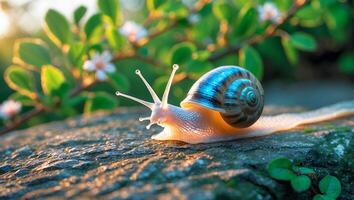 Snail Crawling on Rock in Garden with Sunlight and Greenery photo