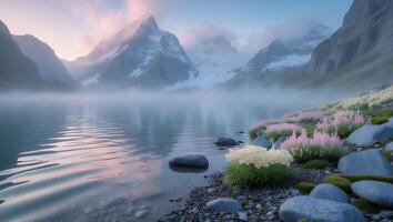 Calm Mountain Lake with Fog and Wildflowers at Sunrise Landscape photo