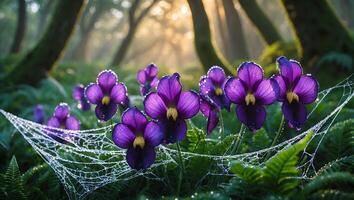 Purple Flowers with Dew Covered Spiderweb in Misty Forest Scene photo
