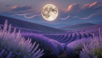 Blooming Lavender Field with a Full Moon Under a Twilight Sky photo