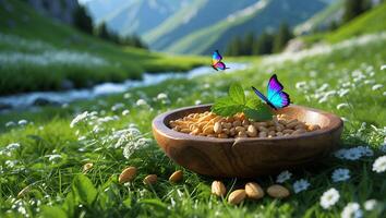 Wooden Bowl with Seeds and Butterflies in Mountain Meadow Scene photo