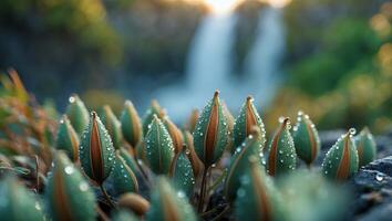 Flower Buds with Water Droplets Against a Waterfall Backdrop photo