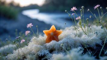 Star Fruit on Moss with Wildflowers by River at Dusk photo