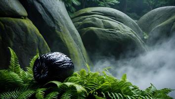 Wet Fruit Resting on Ferns with Foggy Rock Formation Backdrop photo