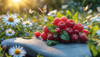 Fresh Raspberries with Mint on Stone in Sunny Daisy Field photo