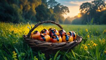 Persimmons in Basket on Meadow at Sunset with Yellow Flowers photo