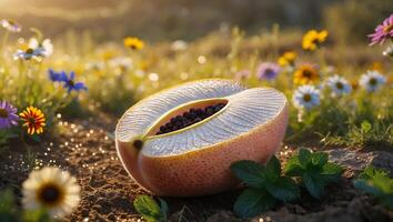 Half Fruit with Dark Seeds Resting on Soil Among Wildflowers photo