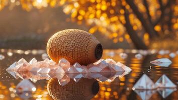 Object Resting on Crystals Reflecting in Water During a Golden Sunset photo