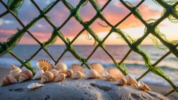 Seashells Display on Coastal Rock with Fishing Net and Sunset View photo