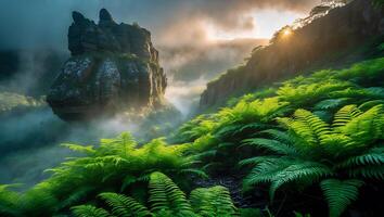 Scenic Mountain Vista with Ferns and Mist at Sunrise photo