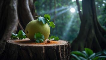 Green Pear Resting on Tree Stump in Forest with Herbs photo
