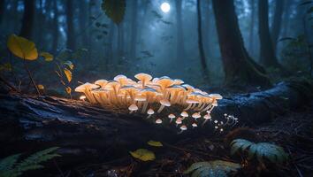 Glowing Mushrooms Growing on Log in Forest at Night photo