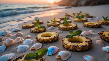 Pineapple on the beach with shells and sea water photo